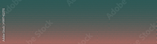 Scaly grid halftone pattern upside to bottom faded gradient ultra wide 32:9 aspect ratio vector dark green orange abstract background. Half tone retro futuristic cyberpunk styled striking abstraction