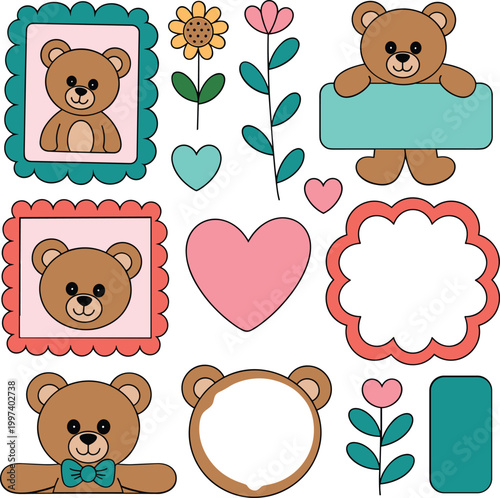 Cute teddy bear frames and decorative elements set, nursery baby shower border collection with hearts and flowers