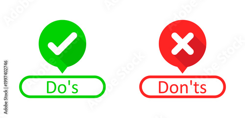 Vector infographic pointers for Do's and Don'ts featuring circular icons with check and cross marks. Perfect for highlighting correct and incorrect methods in presentations, blogs