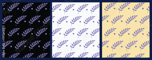 Three vertical panels of lavender floral pattern with varying backgrounds