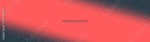 Noise texture halftone pattern diagonal frame ultra wide 32:9 aspect ratio red black vector abstract background. Fuzzy grainy textured panoramic ultrawide format spectacular dynamic abstraction layout