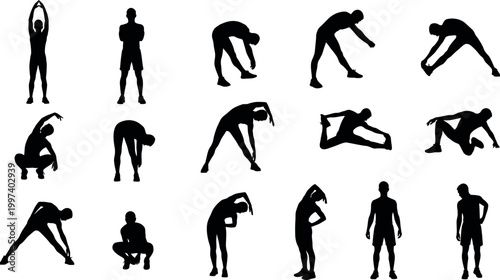 Silhouette collection diverse human figures in dynamic stretching and exercise poses