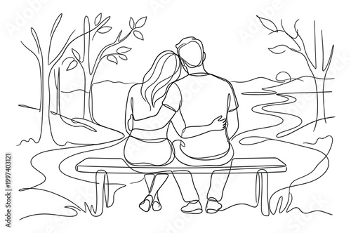 Continuous line drawing of a romantic couple sitting on a bench