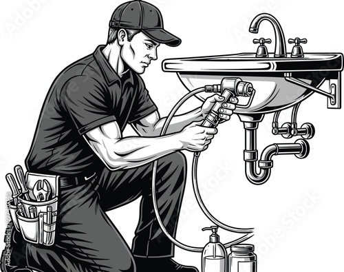 Plumber fixing sink with plumbing tools
