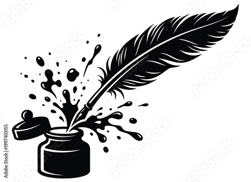 Quill pen dipping into an inkwell with ink splashes isolated on white background
