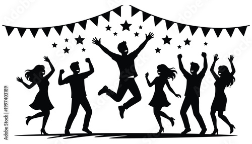 Group of happy people dancing and celebrating isolated on white background
