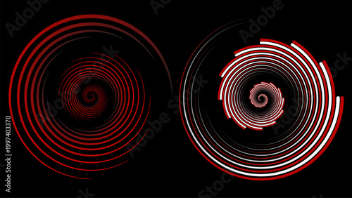 Abstract twin swirl pattern of glowing red and white lines, mesmerizing hypnotic motion on black.