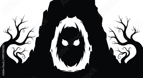 Mysterious hooded figure in cave entrance with spooky trees isolated on white background