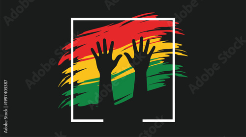 Raised hands silhouette with panafrican colors brush strokes