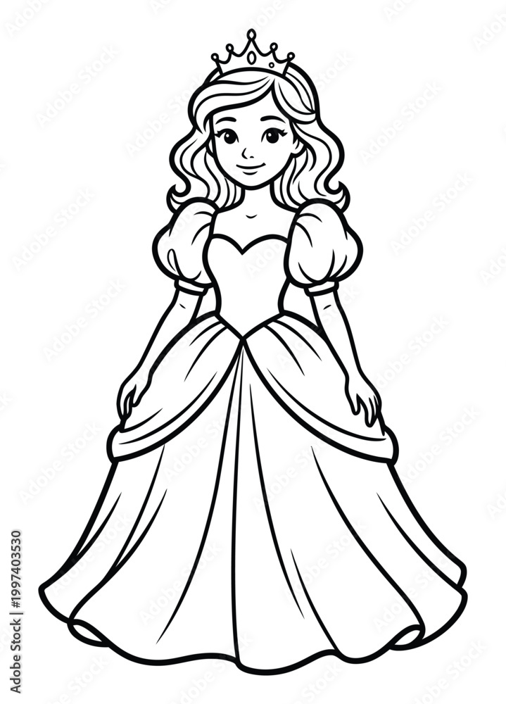 Fototapeta premium Beautiful princess wearing a crown and a ball gown isolated on white background