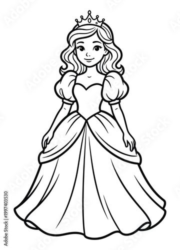 Beautiful princess wearing a crown and a ball gown isolated on white background