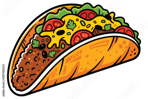 Delicious crunchy taco with ground beef, cheese, and fresh vegetables