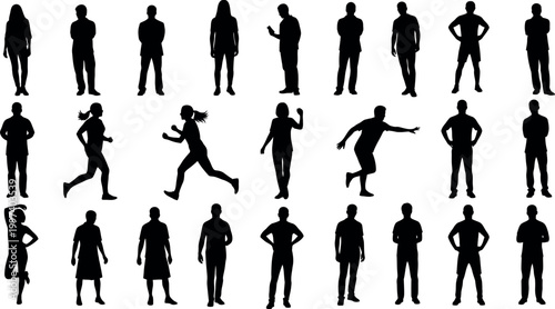 Diverse silhouette collection people in various poses and activities black and white
