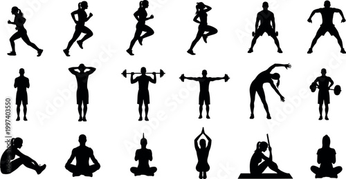 Silhouette collection diverse athletic poses and yoga asanas for fitness and wellness