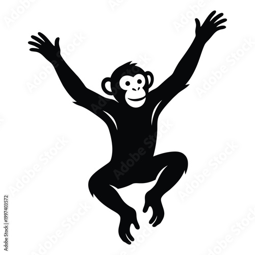 Playful chimpanzee silhouette jumping with arms raised