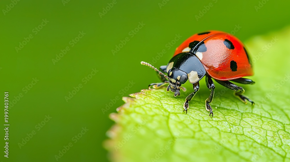 Obraz premium Macro view of a ladybug's tiny legs and antennae, walking on a leaf