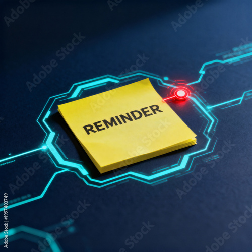 A Yellow Sticky Note With The Word Reminder Printed On It Centered Within A Glowing Digital Interconnected Circuit Interface