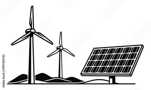 Wind turbines and solar panel renewable energy icon