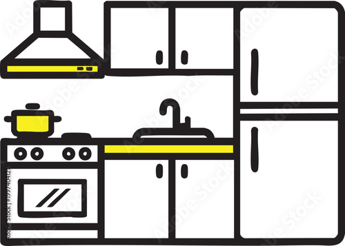 Minimalist Kitchen Interior Vector Illustration with Refrigerator Stove Sink and Cabinets in Doodle Style