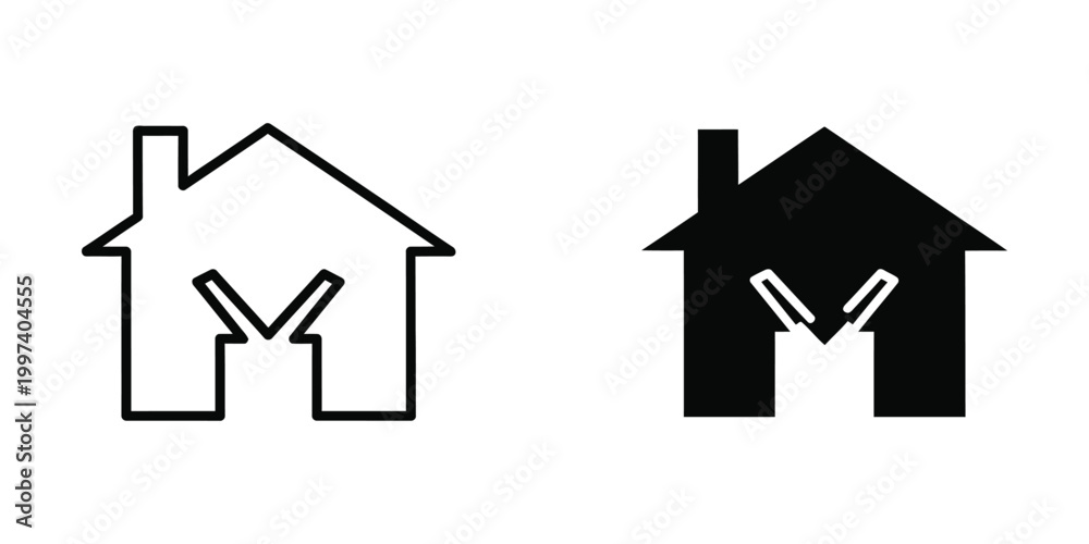 Obraz premium Contrasting house icons with varying fill styles and scissor marks inside