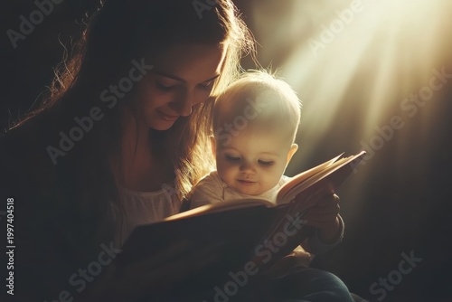Mother reading a book to her child bathed in soft afternoon light
