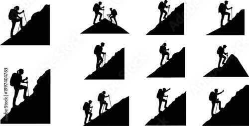 Silhouettes of mountain climbers a progression of ascent in a grid formation