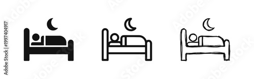 Person Sleeping in Bed at Night Icon Set - Glyph, Outline, and Doodle Styles