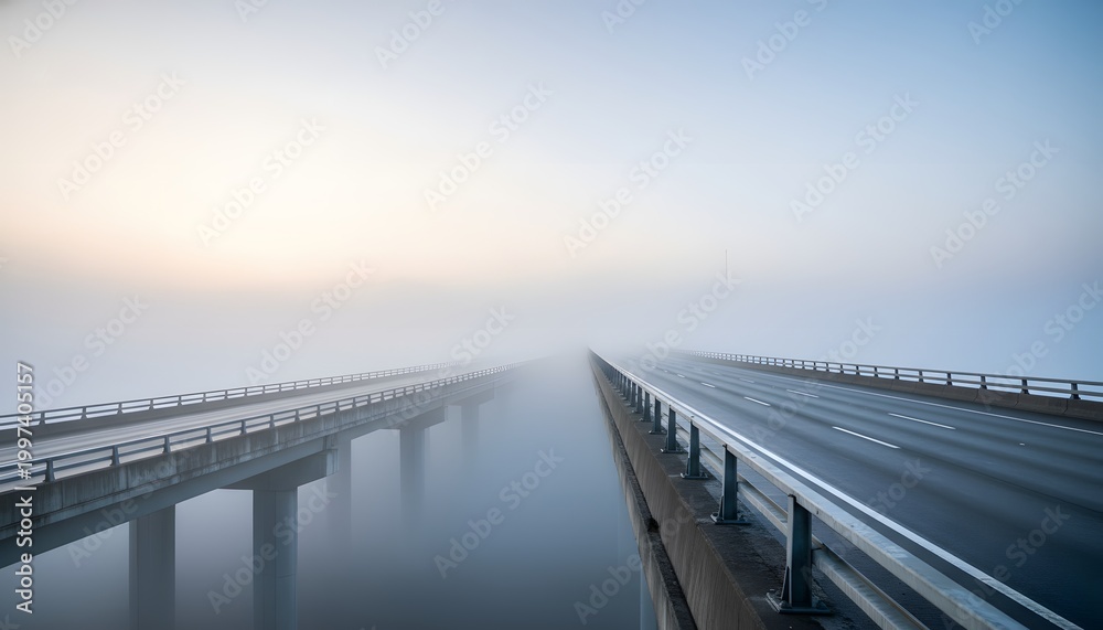 Fototapeta premium Thick fog over freeway bridge disappearing into the mist representing a journey into the unknown for a transition concept with atmospheric minimalist landscape
