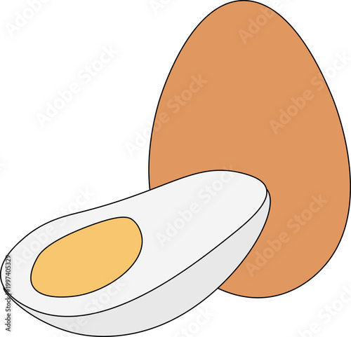 Whole brown egg and a perfectly sliced hard-boiled egg, Egg Colored composition hand drawn illustration. Vector graphic line art. For logo, web, package, sticker.