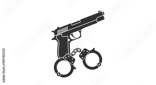 Handcuffs Linked to Pistol Silhouette, Symbolizing Crime and Justice