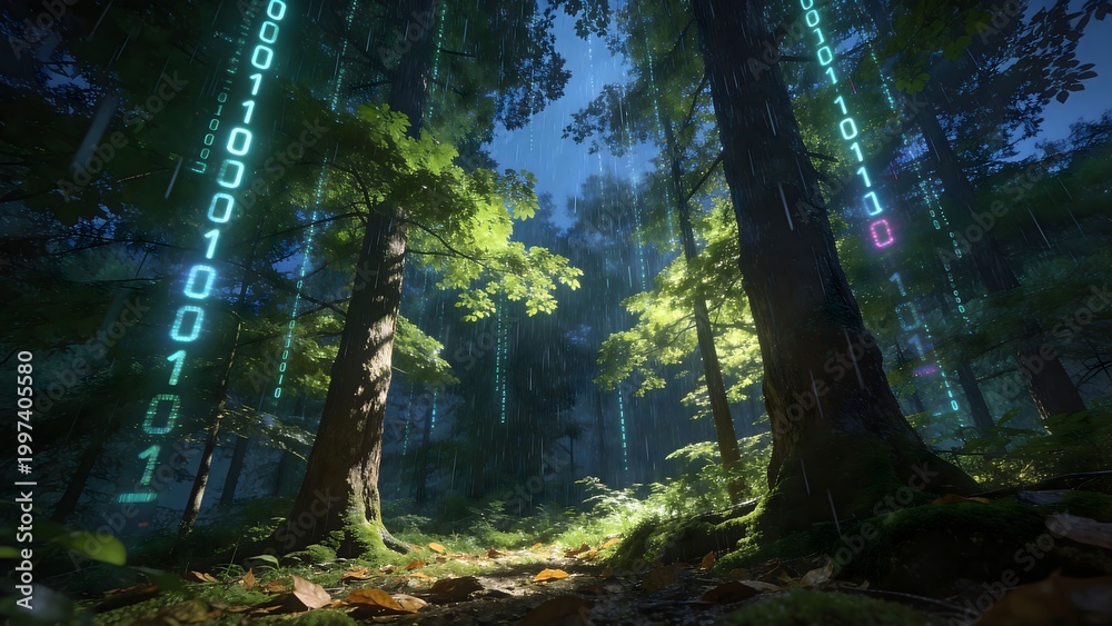Obraz premium Digital Forest with Data Streams and Futuristic Nature Technology Concept