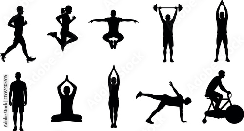 Diverse silhouette collection people engaging in various fitness and yoga poses