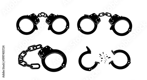Handcuffs Set: Locked, Chained, Broken, Freedom Concept