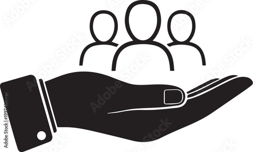 Black silhouette of a hand supporting three people icons