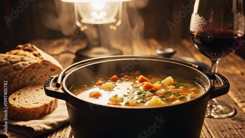 Cooking soup in a pot on a wooden table with bread and wine at night