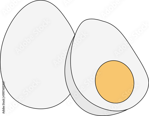 Whole egg and cut in half with yolk and albumen, Egg Colored composition hand drawn illustration. Vector graphic line art. side view of morning snack mascot, cartoon healthy nutrition