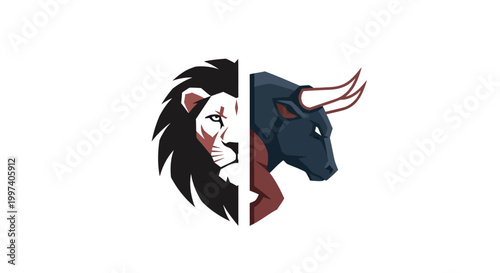 Lion and Bull Split Symbol - Animal Power, Strength, and Financial Market Concepts