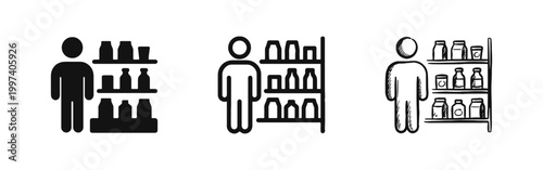 Retail Store Shelf and Customer Icon Set, Shopping and Grocery Symbols