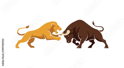 Lion vs Bull confrontation, symbolizing market forces, finance, strength, and conflict