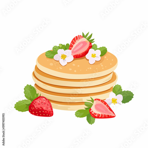 Pancakes mit Erdbeeren und essbaren Blüten ästhetisch angerichtet