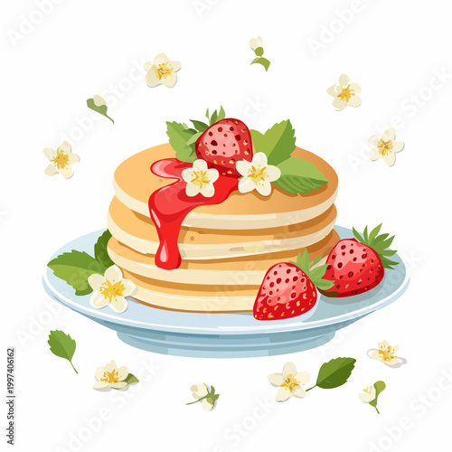 Pancakes mit Erdbeeren und essbaren Blüten ästhetisch angerichtet