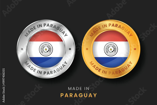 Circular gold and silver labels with the Paraguay flag. High-quality Made in Paraguay emblems for local product branding, export certification, and manufacturing origin verification.