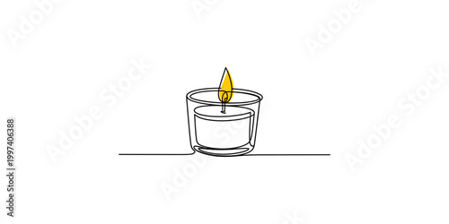 A simple line drawing of a lit candle in a glass holder on a white surface with a flame burning brightly on top of the wick inside