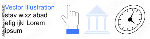 Time management, legal systems, justice, governance, digital interaction, punctuality. Hand pointing, courthouse clock . Legal systems and time management concept