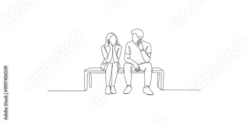 Continuous line drawing of a man and woman sitting on a bench looking unhappy and dejected
