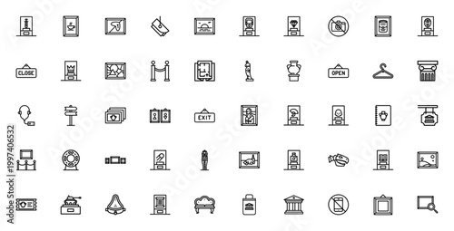 Museum icon set. Vector illustration pack. Includes exhibition, cafe, painting, CCTV, relics, map, guide, souvenir and more. Editable stroke icons.