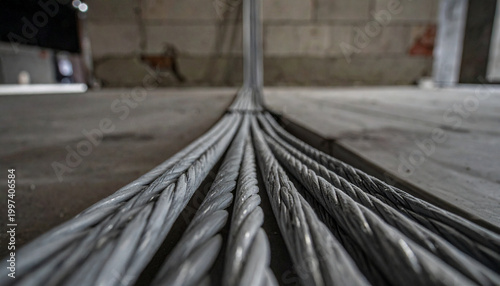 Electrical Cables on Concrete Floor: An eye-level shot captures a multitude of electrical cables neatly arranged on a concrete floor, symbolizing infrastructure and technology.