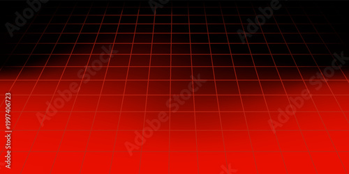Red glowing neon wireframe background. Shining diagonal checkered grid planes in perspective. Retro futuristic depth wallpaper. Arcade game sci fi matrix surface backdrop for poster, banner. Vector