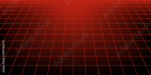 Red glowing neon wireframe background. Shining diagonal checkered grid planes in perspective. Retro futuristic depth wallpaper. Arcade game sci fi matrix surface backdrop for poster, banner. Vector