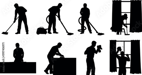 Silhouettes of people cleaning a variety of domestic tasks and chore illustrations